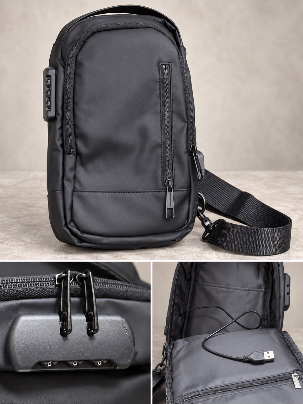 Source Unknown Black Crossbody Sling Bag with USB Charging Port